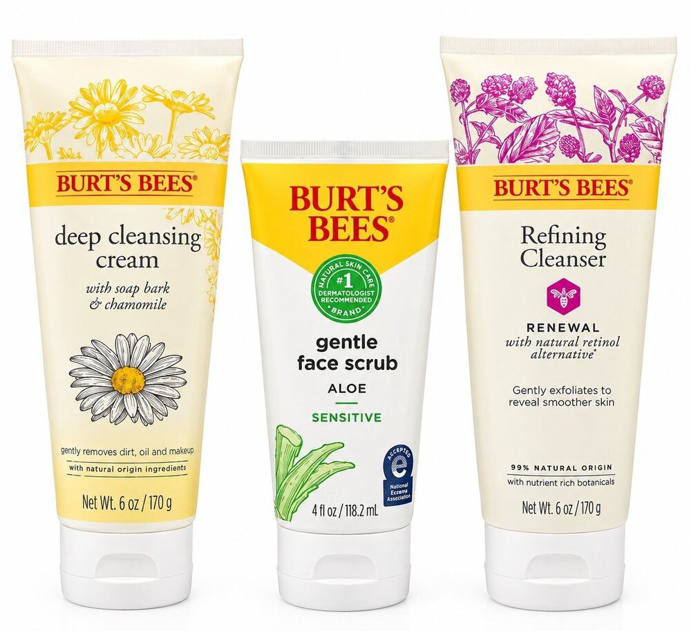 Burt’s Bees Skincare Set Of 3 Deep Cleansing Cream Face Scrub Refining Cleanser